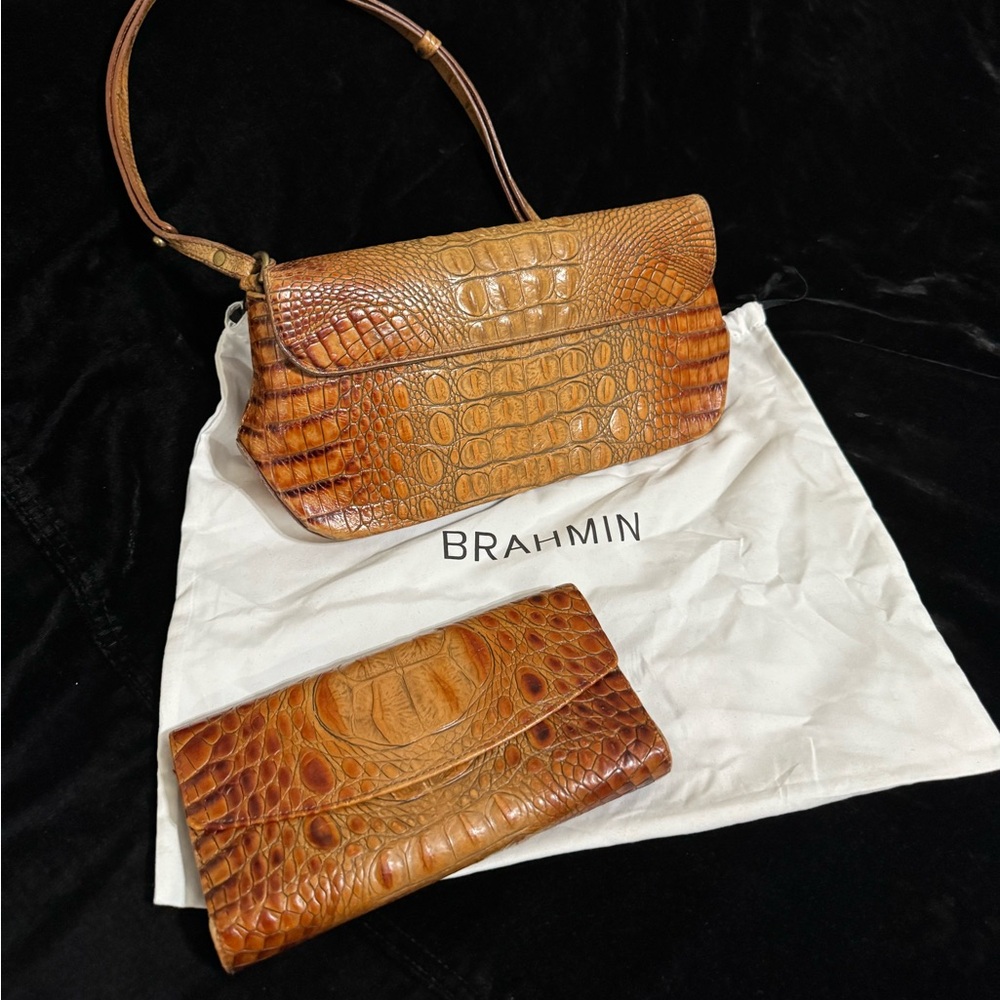 Brahmin Tan Crocodile Embossed Shoulder Bag Set